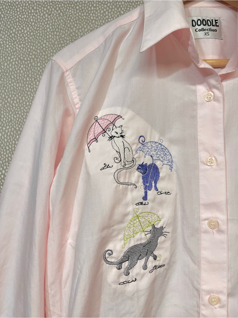 XS Vintage Doodle Collection Pink Embroidered Button-Up Shirt with Cats